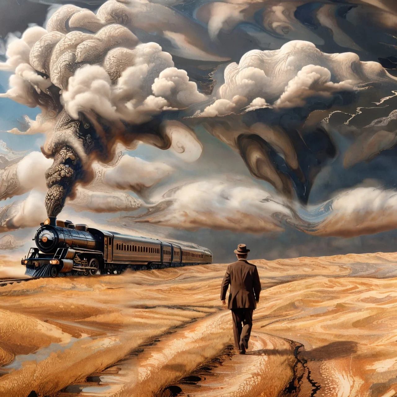 (xlomrblng:0.8) Op Art, magnificent train conductor (walking|dancing|fleeing} in a prairie landscape, tornado, (bronze-tinted:0.5), very detailed, intricate, (clouds of ash:1.21) <lora:xlomrblng:1>