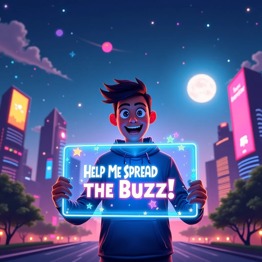Create an eye-catching image featuring a radiant, futuristic cityscape at twilight. The scene should show a dynamic metropolis with sleek skyscrapers, neon lights, and digital billboards glowing in vibrant colors. In the foreground, a charismatic character with an excited expression is holding a holographic sign that reads: 'Help Me Spread the Buzz!' surrounded by glowing, animated icons of social media and stars. The background should include a starry sky with streaks of comet trails and a bright, full moon illuminating the city. The overall mood should be energetic and inviting, encouraging viewers to engage and share.