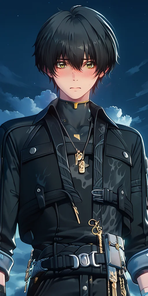 score_9,score_8_up,score_7_up,detailed face,1girl,black hair,short hair,pants,yellow eyes,long sleeves,blush,shy,looking at viewer,cloud,green eyes,blue eyes,jewelry,jacket,night sky,key,dog tags,upper body,<lora:鸣潮ç·ä¸»Wuthering_Waves_Male_leading_role:1>,<lora:add-detail-xl:1>,