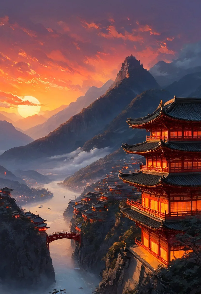 architecture, bridge, building, castle, city, city lights, cityscape, cloud, cloudy sky, dusk, east asian architecture, evening, fantasy, gate, gradient sky, horizon, house,mountain, mountainous horizon, no humans, orange sky, outdoors, pagoda, red sky, river, rooftop, scenery, sky, skyline, skyscraper, smoke, tower, twilight, waterfall, yellow sky,