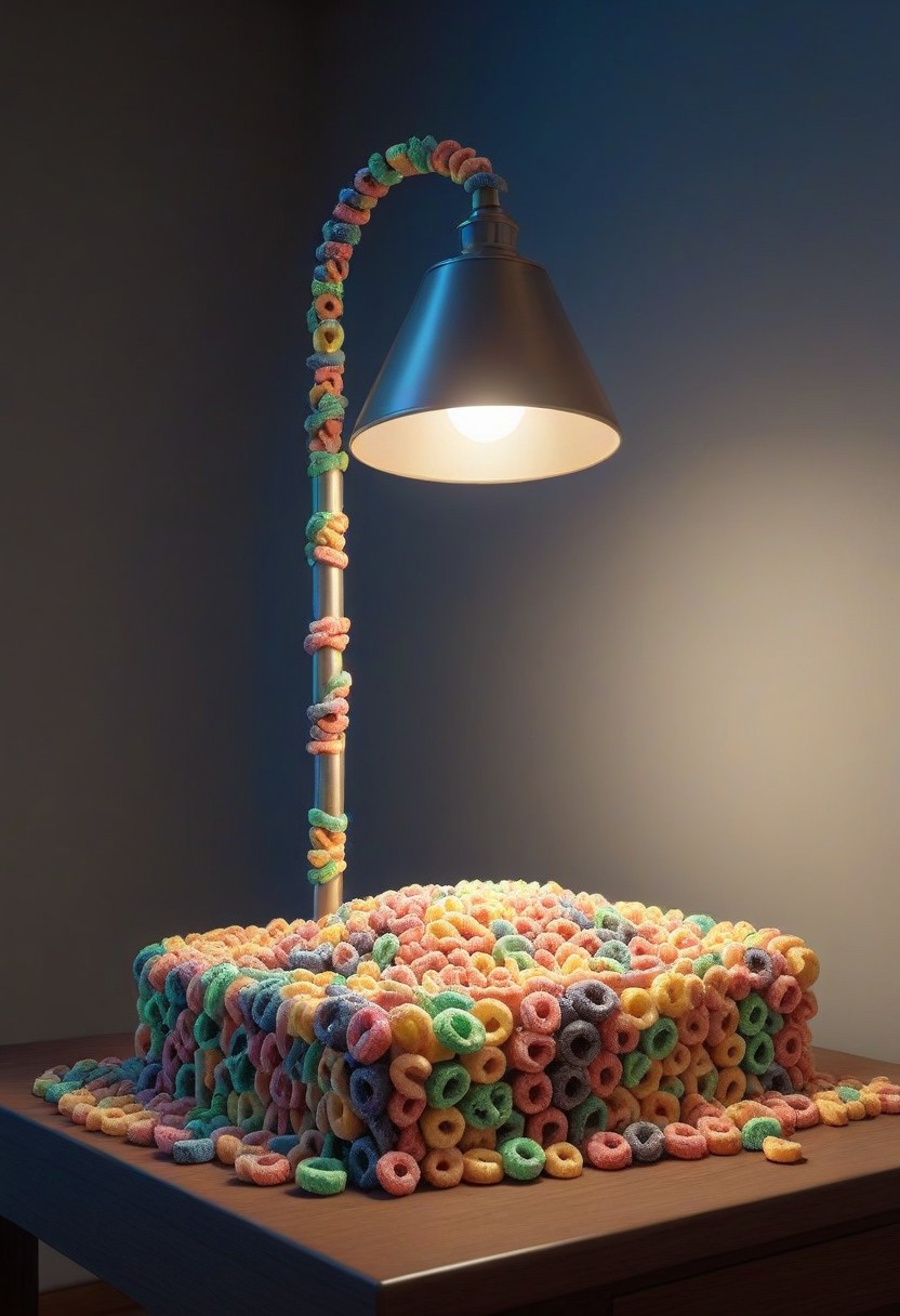 made of Fruit loops , epic picture of a desk lamp on a table, highly detailed, masterpiece, dramatic cinematic lighting, unforgettable, very intricate, high detail , photorealistic detail, ultra-realism , photorealistic,  ultra detailed ,octane render,    <lora:FruitLoopStyle_epoch_9:0.4>