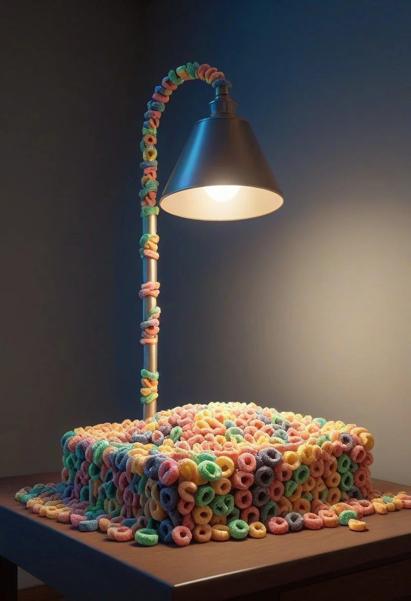 made of Fruit loops , epic picture of a desk lamp on a table, highly detailed, masterpiece, dramatic cinematic lighting, unforgettable, very intricate, high detail , photorealistic detail, ultra-realism , photorealistic, ultra detailed ,octane render, <lora:FruitLoopStyle_epoch_9:0.4>