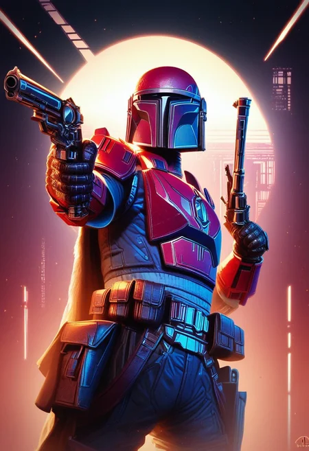 score_9,score_8_up,score_7_up, 7-MandalorianArmour, solo, gloves, 1boy, helmet, Hood, blaster, science fiction, tattered cape, Red armour, black armour trim, fractal patterns, eagle decal pauldrons, intricate patterns, BREAK dual pistols, aiming pistols, low angle, unique angle, domineering pose, neon cyberpunk city, aliens, relections, <lora:Mandalorian Armour PONY:1>, zPDXL2, d4rkv1b3, <lora:xl_more_art-full_v1:1>