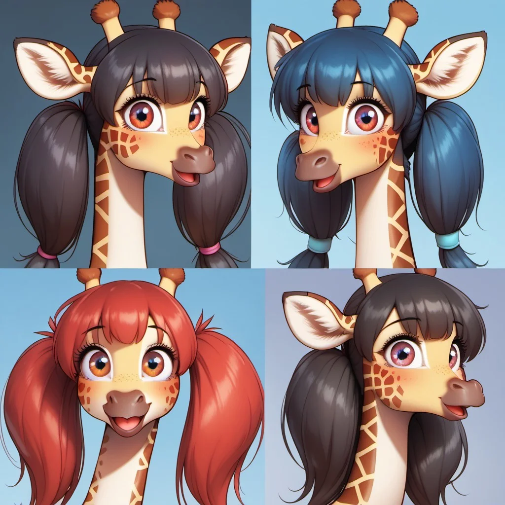 score_9, score_8_up, score_8_up, M4dd13G1r4ff3, anthro giraffe, portrait, multiple views, red eyes, purple eyes, blue eyes, red hair, black hair, blue hair, twintails, smiling, mouth open