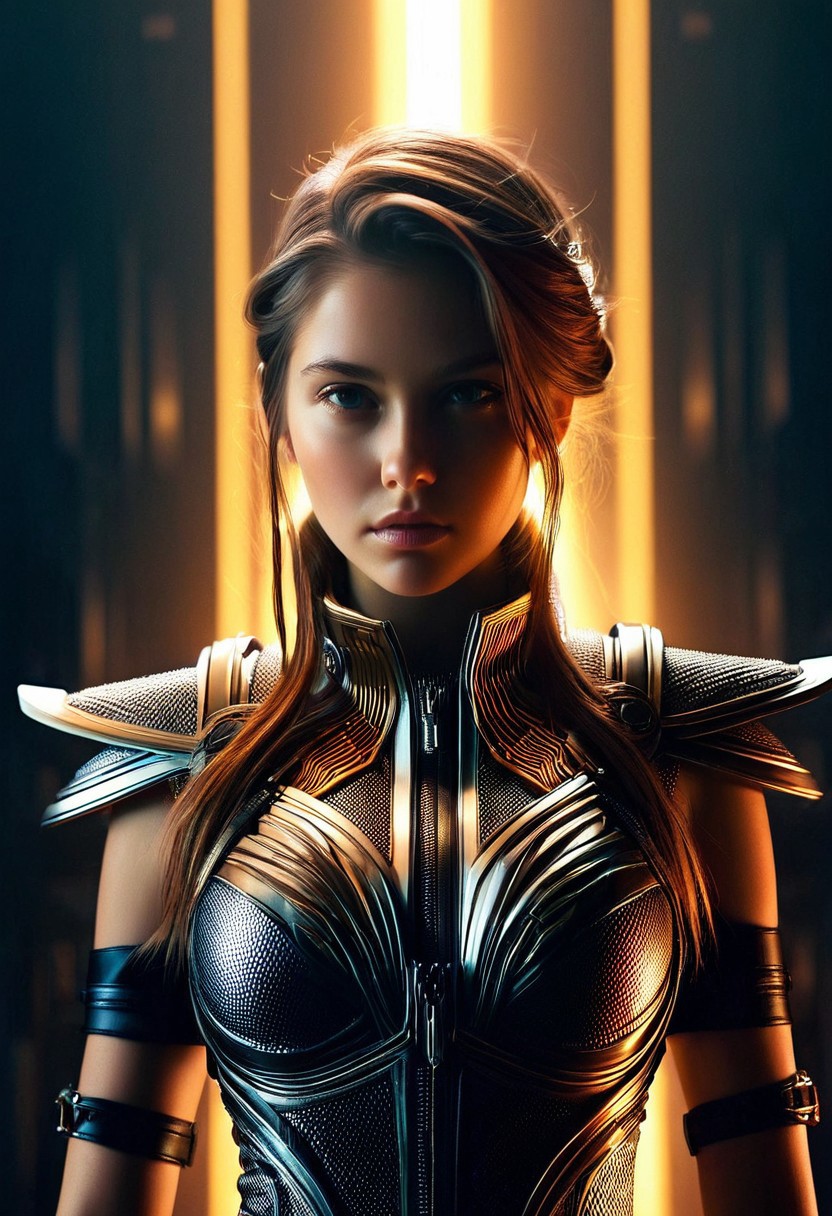 A hyper-realistic depiction of a solitary girl, focusing on her upper body, adorned in an intricate, engine-inspired outfit, with polished metallic accents and leather straps, set against a dark, gradient background, illuminated by soft, golden lighting, with a shallow depth of field, emphasizing the subject's details, in a cinematic composition, reminiscent of sci-fi concept art.