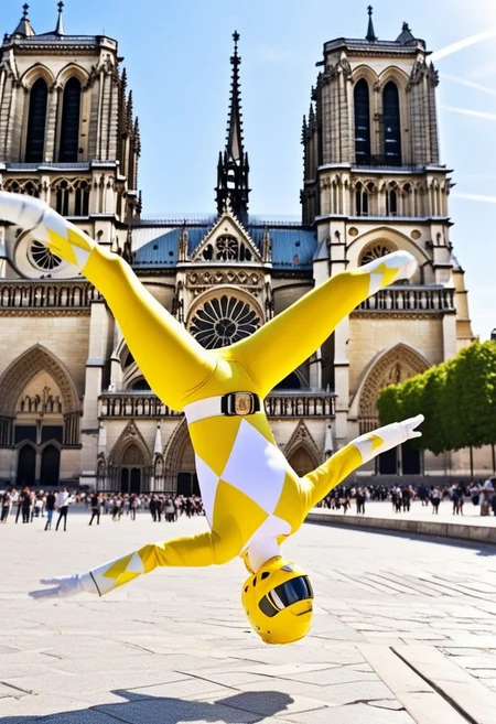female yellow power ranger, morphed, helmet, uniform, white gloves belt, holstered weapon, doing a backflip in front of Notre-Dame in Paris, sunny summer day, hyperdetailed photography
