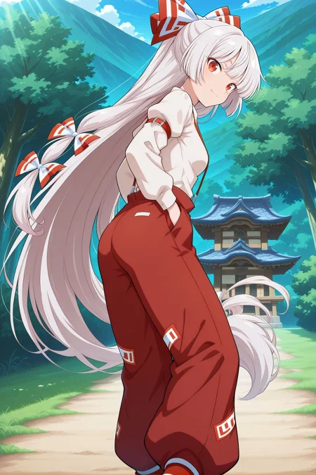 absurdres, highres, masterpiece, best quality, amazing quality, official anime artwork, screencap, anime screencap, outdoors, looking at viewer, light smile, dynamic pose, standing,
 <lora:Fujiwara-no-Mokou_IllustriousV2:1> fujiwara no mokou, 1girl, solo, red eyes, white hair, very long hair, small breasts,, hair bow, white bow, white shirt,  long sleeves, suspenders, red pants,