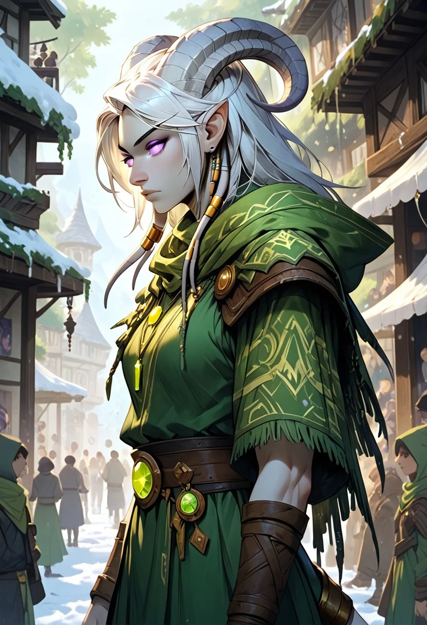 masterpiece, score_9, score_8_up, score_7_up, score_6_up, world of warcraft, fantasy, <lora:add-detail-xl:1.5>,
fFaceDetail, (female, draenei, h0rns, ram horns, white horns, tall, athletic arms, pale white skin, long white hair, purple eyes, long white tail, long fingers),
upper body, side view, stern look,
(long loose green dress, tail under dress, green silk scarf with white details, simple armlet, small yellow gem pendant, green hood), GunMonk, shotgun,
depth of field, outdoor, snowy market, busy fantasy market, daytime, (people in background, crowds of humans, varying outfits of different colours, fantasy clothing, warm clothing)