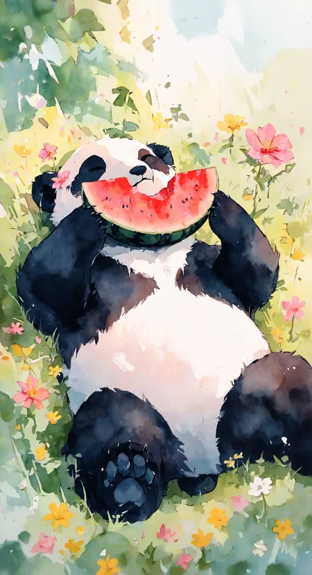 masterpiece, best quality, good quality, very aesthetic, absurdres, newest, solo, holding, flower, outdoors, lying, day, on back, no humans, leaf, eating, holding food, white flower, grass, pink flower, yellow flower, animal focus, holding fruit, watermelon, bear, on grass, panda, watermelon slice, Watercolor <lora:ponyv5_noobV065S_1_adamW-000013:0.75> <lora:ILwatercolor:0.6> <lora:96YOTTEA-WAI:0.8>