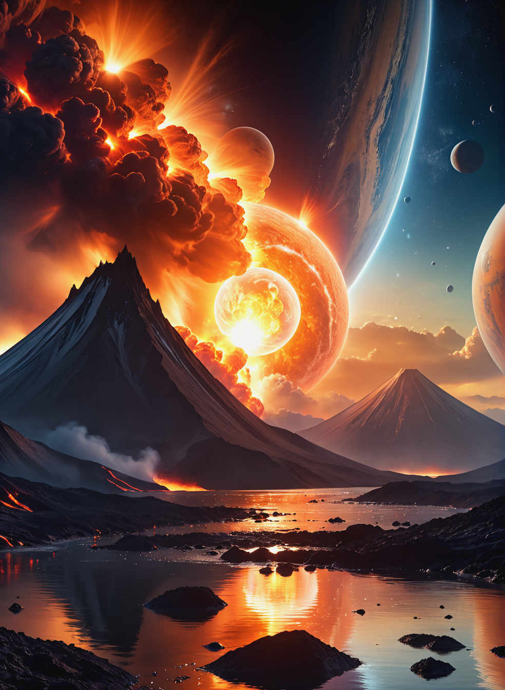 ((Cinematic film screensaver)), ((futuristic picture)), birth of the planet, celestial action scene, science fiction film Solaris, story Stanislav Lem, science fiction space, science fiction story about space travel, volcano planet, ((fire)), air currents, water drops, dynamic pose, tender, soft pastel colors, soft natural volumetric light, atmospheric, sharp focus, centered composition, complex background, soft haze, masterpiece, animalistic, beautiful, tiny detailed, ultra fine, dramatic lighting, (full body realistic photo), ((frame filled with various details)), soft lighting, (Highly Detailed:1.6), <lora:add-detail-xl:1.2>, ((professional photo)), ((64 megapixels)), HDR, (((ultra high quality))).