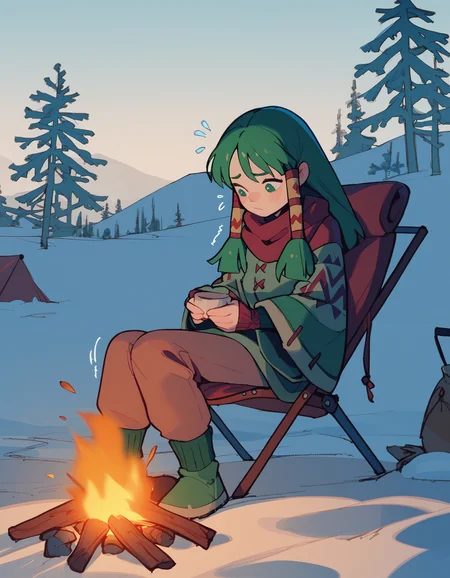 score_9, score_8_up, score_7_up <lora:feena-ponyxl-000040:1> feena, green hair, hair tubes, winter clothes,
1girl, solo, trembling, camping, sitting, campfire, sitting on camping chair, leaning back, blanket, outdoors, winter, cold, night