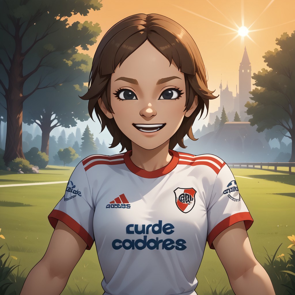 score_9, score_8, BREAK, solo, wii, mii, wii fit, 1girl, female mii, brown hair, dark blonde eyebrows, black eyes, half circle nose, open mouth, teeth, RiverPlate, striped shirt, striped, shirt, white shirt, short sleeves, clothes writing, sportswear, soccer uniform, white pants, barefoot, cute, Maeda_(\Wii_Fit\), small breasts, Nintendo Mii, modern_mii, classic_mii, sexy pose, self portrait, smile, outdoors, sunlight, shadows, evening lighting, natural lighting, forest, trees, grass, orange sky, sunset