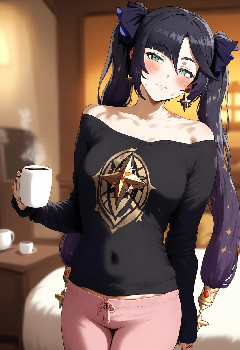 score_9, score_8_up, score_7_up, score_6_up, source_anime, <lora:GAI S1 0.1v:1>,
1girl, mona (genshin impact), cup, solo, navel, holding, long hair, twintails, mug, pink pants, holding cup, blush, alternate costume, pants, looking at viewer, coffee mug, jewelry, breasts, off shoulder, shirt, earrings, long sleeves, messy hair, green eyes, black hair, closed mouth, single bare shoulder, indoors, sweatpants, blurry, cowboy shot, hair ornament, stomach, baggy clothes, black shirt, (head tilt:1.2), star (symbol), blurry background, midriff, medium breasts, very long hair, collarbone, sweater, hair ribbon, sleeves past wrists, pajamas, two mugs, half-closed eyes,