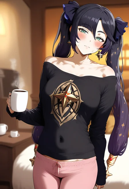 score_9, score_8_up, score_7_up, score_6_up, source_anime, <lora:GAI S1 0.1v:1>,
1girl, mona (genshin impact), cup, solo, navel, holding, long hair, twintails, mug, pink pants, holding cup, blush, alternate costume, pants, looking at viewer, coffee mug, jewelry, breasts, off shoulder, shirt, earrings, long sleeves, messy hair, green eyes, black hair, closed mouth, single bare shoulder, indoors, sweatpants, blurry, cowboy shot, hair ornament, stomach, baggy clothes, black shirt, (head tilt:1.2), star (symbol), blurry background, midriff, medium breasts, very long hair, collarbone, sweater, hair ribbon, sleeves past wrists, pajamas, two mugs, half-closed eyes,