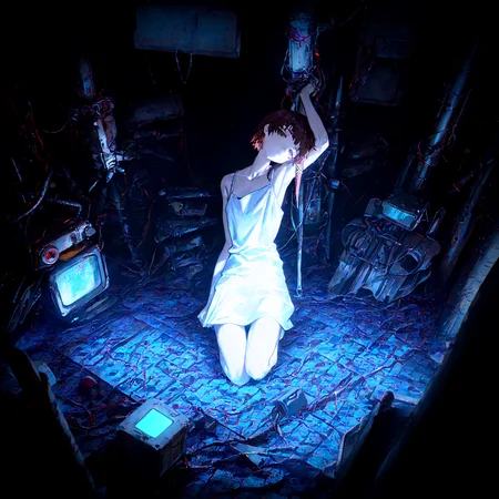 masterpiece, best quality, amazing quality, very aesthetic, absurdres,  newest, soft lighting, dark light,
1girl, iwakura lain,  solo,  thigh_gap , dark_background, cable, looking_at_viewer ,pile , spaghetti_strap , utility_pole,wire, monitor,entangled, digital_rain, from above, white camisole ,head up, head tilt,
optical illusion,yoneyama mai,quasarcake:0.7, rolua, negative space, cinematic shot, very awa, science fiction,matrix, code, digital,computer, glitch, covered  in wire, squatting, armpit, thick thigh,
<lora:cfg_scale_boost:0.7>, <lora:illustrious_noobai_epsilon_pred_11_very_aesthetic_v1:0.6>, <lora:illustrious_noobai_epsilon_pred_1_masterpieces_v1:0.6>, <lora:illustrious_noobai_epsilon_pred_1_best_quality_v1:0.6>, <lora:Lain_PonyXLv3:0.7>, <lora:Code__Digital_World_Morph_v2_PONY_XL_by_UOC:0.7>, <lora:USNR STYLE_XL_loha:0.7>