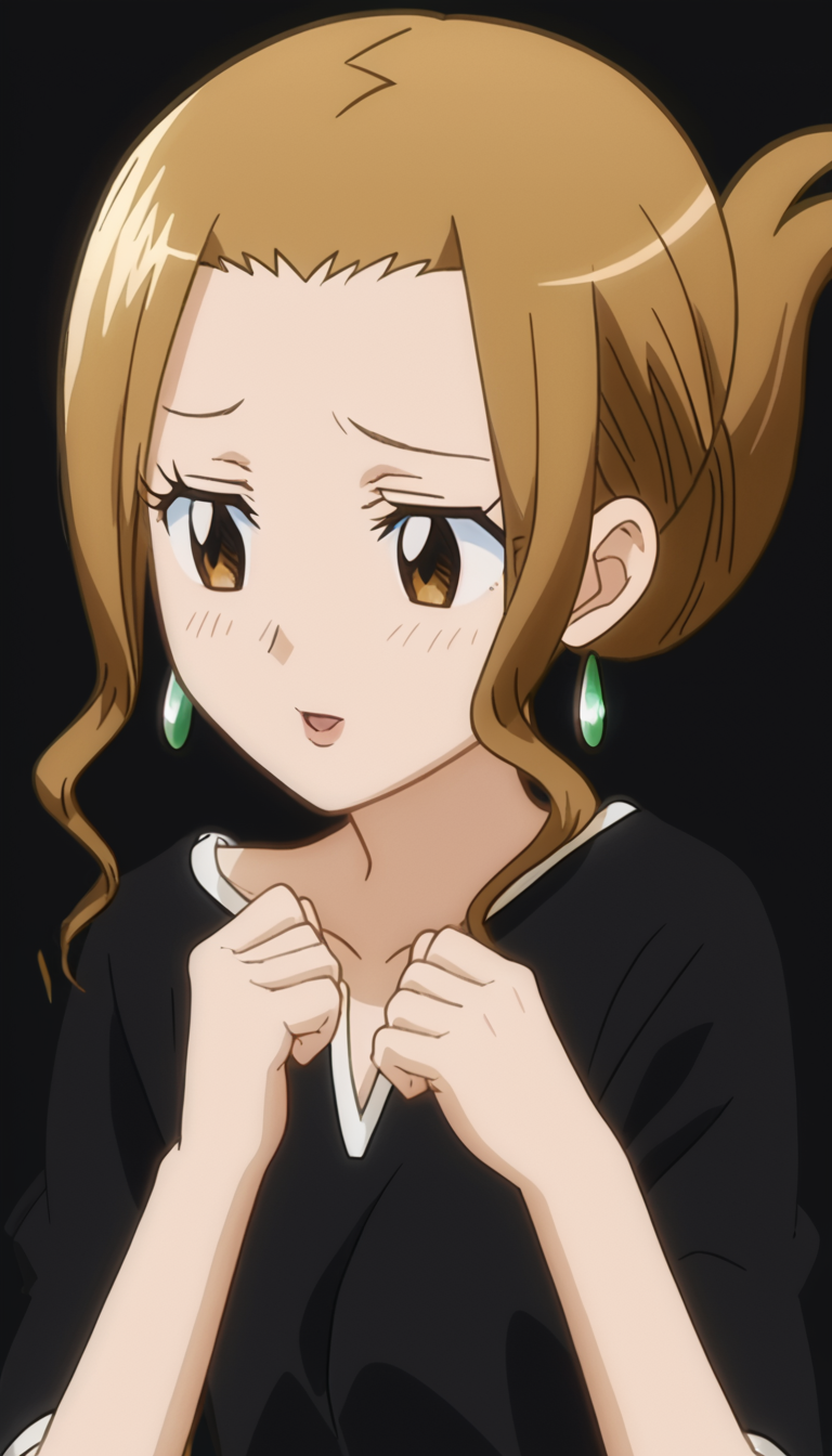 suzumother,1girl,brown eyes,earrings,brown hair,folded ponytail,black shirt,<lora:Suzus_Mother-000007:1>,, anime screencap,score_9,simple background,