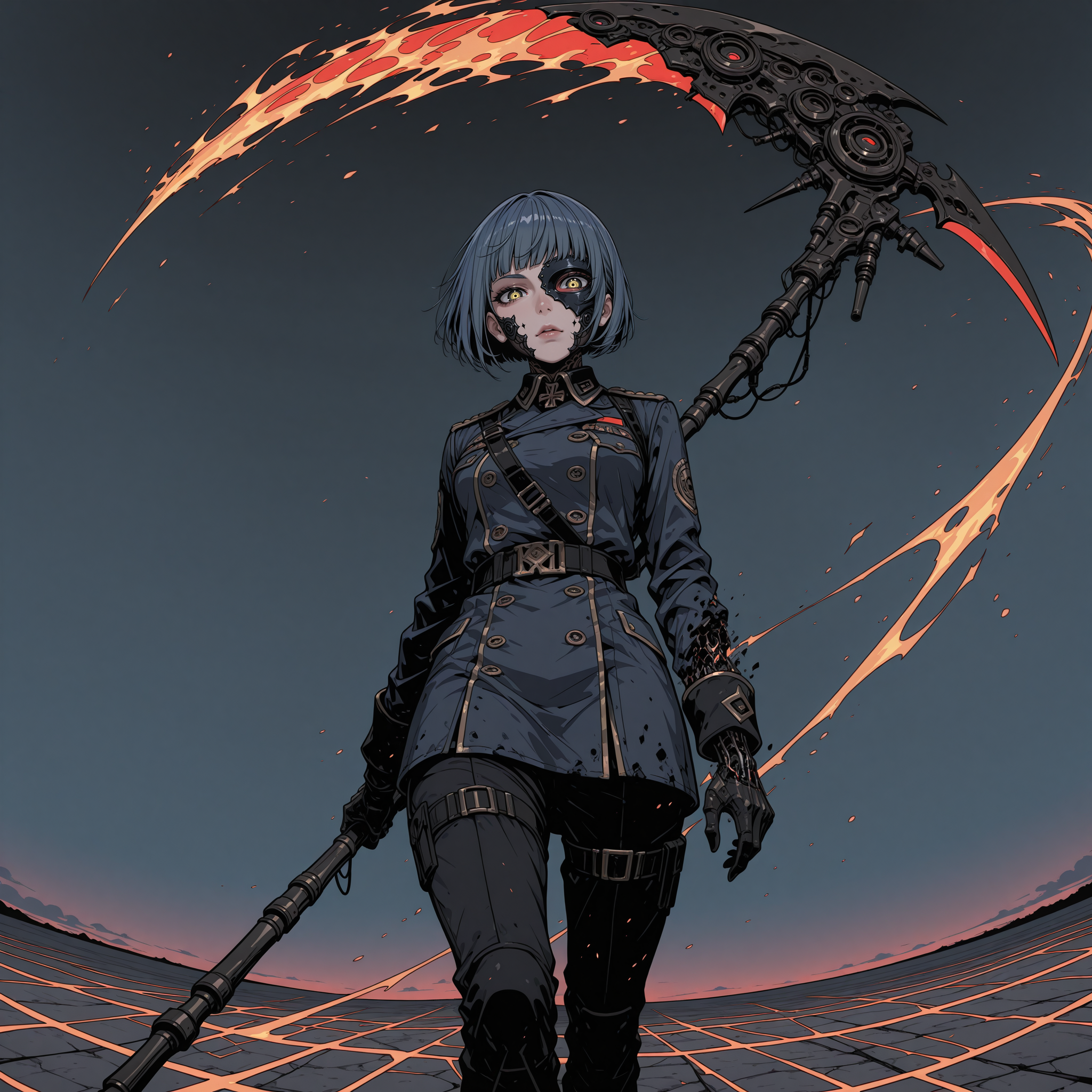 Sinozick_illu,gradient,spot color, smooth quality, panorama, horizon, masterpiece, best quality, good quality, newest, highres, absurdres, fisheye, from below, golden cog and gear background, circuits, 8k, red palette, 1girl, military uniform,  half mask, Navy blue hair, Blunt haircut, violet, fire_pupils,  holding scythe, looking at viewer, (slashing effect:1.4), (trail effect 1.3), (disintegration effect:1.2) dynamic pose, ambient occlusion, digital art, masked transparent flat background <lora:add-detail-xl:2>  <lora:Sinozick_style:0.8>