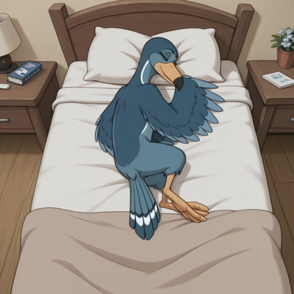masterpiece, best quality, amazing quality, Magpiebbil, semi-anthro, female, bird, blue feathers,  winged arms, bedroom, lying, on bed, closed eyes, sleeping,