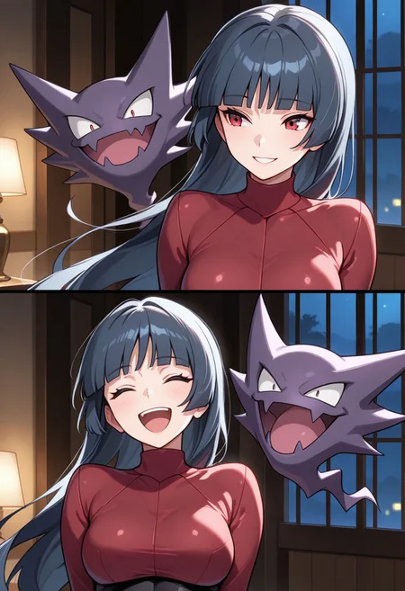 masterpiece, best quality, 1girl, solo, frlgsab, dark blue hair, hime cut, blunt bangs, very long hair, red eyes, bodysuit under clothes, black bodysuit, red jacket, cropped jacket, turtleneck, white gloves, haunter, laughing, happy, closed eyes, medium breasts, adult, indoors, night, close-up, upper body