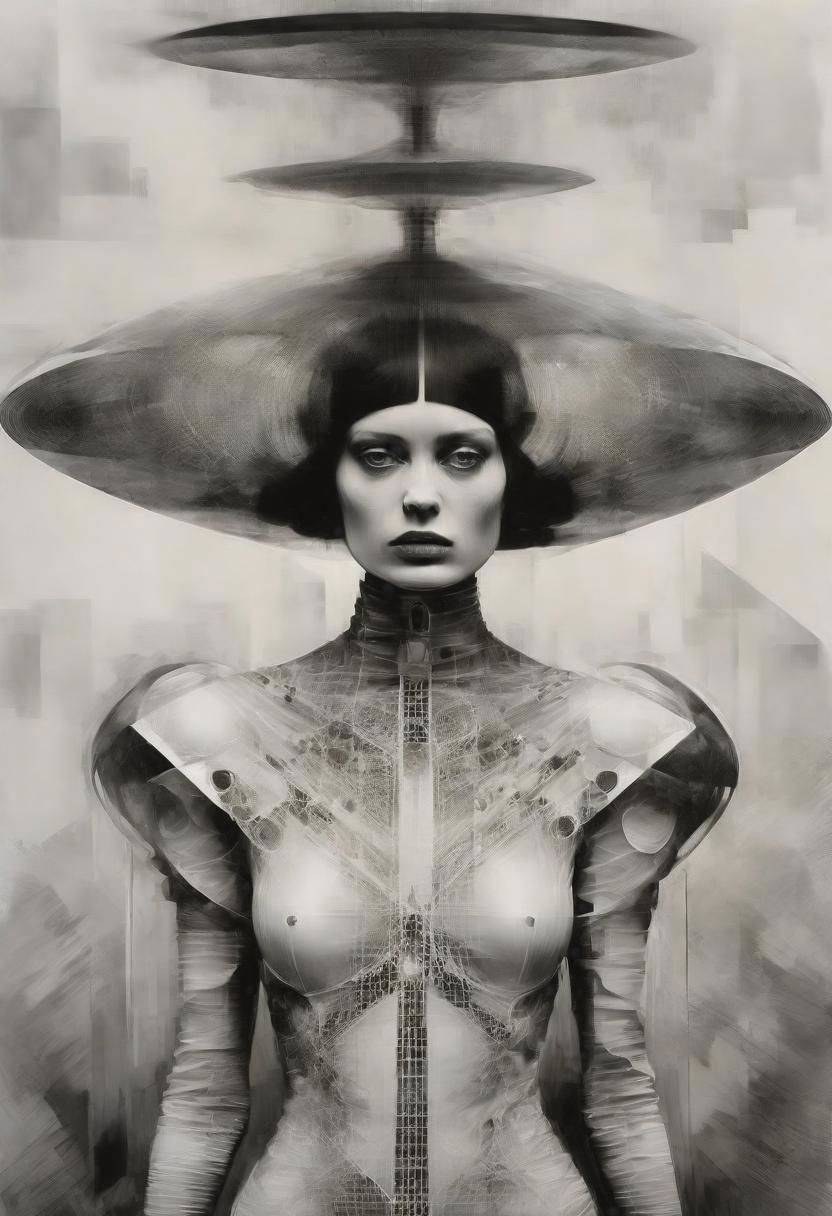 Monochrome black and white, Giger, Beksinski, Zawadzky, Dali, Magritte, Delvaux, Bellmer, Malevitch, Rodchenko, Mondrian, Kandinsky, Popovna, psychedelic hallucination, pop surrealism, rough crosshatch drawing pop art Lunatic_Portrait of a young woman in latex Avant-garde Fashion page, slick back, low bun, black makeup, sinister expression, intense glare, avant-garde, abstract, weird, geometric, constructivism, suprematism, rayonism, verticism, lineism, tj