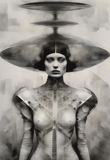 Monochrome black and white, Giger, Beksinski, Zawadzky, Dali, Magritte, Delvaux, Bellmer, Malevitch, Rodchenko, Mondrian, Kandinsky, Popovna, psychedelic hallucination, pop surrealism, rough crosshatch drawing pop art Lunatic_Portrait of a young woman in latex Avant-garde Fashion page, slick back, low bun, black makeup, sinister expression, intense glare, avant-garde, abstract, weird, geometric, constructivism, suprematism, rayonism, verticism, lineism, tj
