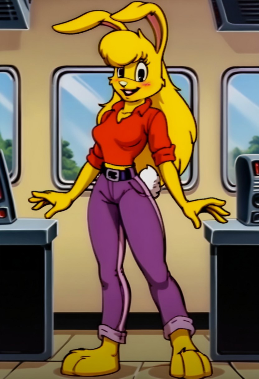 score_9, score_8_up, score_7_up, score_6_up, score_5_up, score_4_up, retro artstyle, BREAK 
LoriJackRabbitPXL, rabbit girl,long yellow hair,yellow skin,1girl, solo,rabbit tail,yellow skin, animal ears, pants, black eyes, colored skin,rabbit ears,long yellow hair, belt, smile, shirt, black belt, open mouth, looking at viewer,rabbit girl,rabbit tail, full body, breasts, standing, furry female, blush, red shirt,purple pants, :d, indoors,barefoot,furry, midriff peek
<lora:lorijackrabbit-v1:0.9>