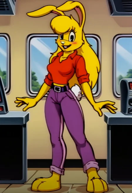 score_9, score_8_up, score_7_up, score_6_up, score_5_up, score_4_up, retro artstyle, BREAK
LoriJackRabbitPXL, rabbit girl,long yellow hair,yellow skin,1girl, solo,rabbit tail,yellow skin, animal ears, pants, black eyes, colored skin,rabbit ears,long yellow hair, belt, smile, shirt, black belt, open mouth, looking at viewer,rabbit girl,rabbit tail, full body, breasts, standing, furry female, blush, red shirt,purple pants, :d, indoors,barefoot,furry, midriff peek
<lora:lorijackrabbit-v1:0.9>