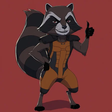 score_9, score_8_up, score_8, score_7, source_cartoon, Rocket_R(2015), solo, 1boy, semi-anthro, male furry, raccoon, brown and black fur, white muzzle, bushy tail, red eyes, black hands, black feet, yellow bodysuit, sleeveless, shoulder pads, full body, looking at viewer, standing, one hand on hip, thumbs up, smile, red background,