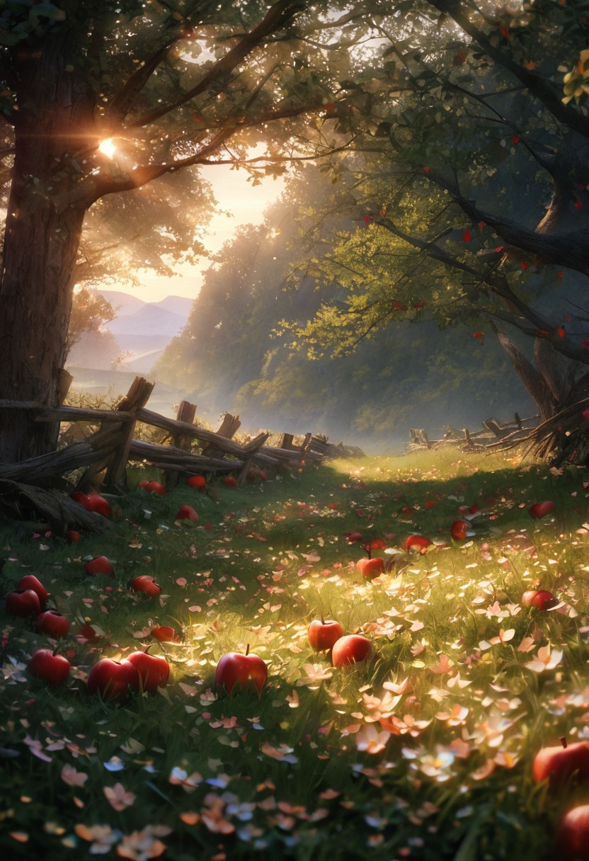 (best quality, 8k, high res, masterpiece:1.2), photorealistic, ultra-detailed, vibrant photography of a picturesque apple orchard at sunset. The trees are heavy with ripe, glistening apples in shades of red, green, and gold, their leaves a vibrant, healthy green. Sunlight filters through the branches, casting a warm, golden glow over the entire scene. Delicate apple blossoms still cling to some branches, adding a touch of soft pink and white to the landscape. The ground is covered with a lush carpet of grass and wildflowers, with fallen apples scattered about. A rustic wooden fence borders the orchard, and in the background, rolling hills and distant mountains are bathed in the warm, fading light of the setting sun. A gentle breeze rustles the leaves and carries the sweet scent of apples through the air. This idyllic scene captures the serene beauty and abundance of nature in exquisite detail. (dynamic angle, cinematic lighting, ethereal atmosphere:1.1), (extremely detailed:1.2), (vivid colors:1.3), (perfect composition:1.2), (sharp focus, stunning realism:1.2)