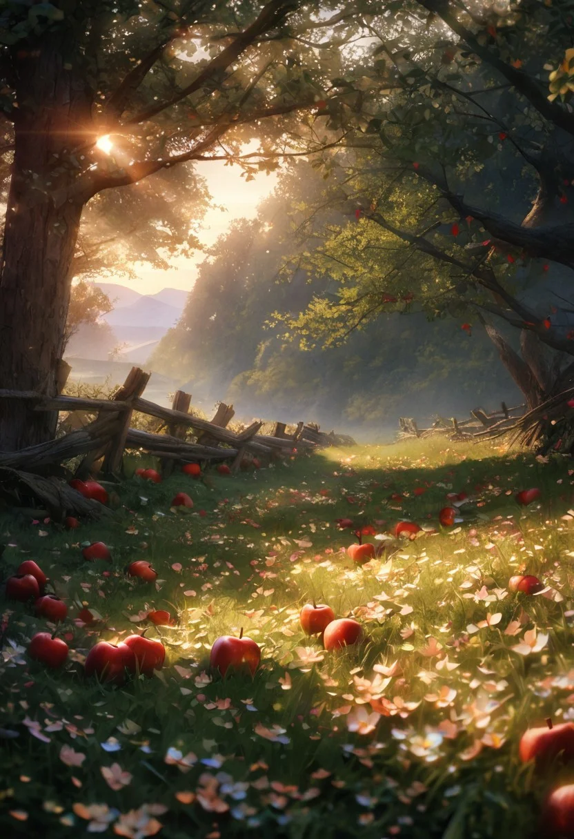 (best quality, 8k, high res, masterpiece:1.2), photorealistic, ultra-detailed, vibrant photography of a picturesque apple orchard at sunset. The trees are heavy with ripe, glistening apples in shades of red, green, and gold, their leaves a vibrant, healthy green. Sunlight filters through the branches, casting a warm, golden glow over the entire scene. Delicate apple blossoms still cling to some branches, adding a touch of soft pink and white to the landscape. The ground is covered with a lush carpet of grass and wildflowers, with fallen apples scattered about. A rustic wooden fence borders the orchard, and in the background, rolling hills and distant mountains are bathed in the warm, fading light of the setting sun. A gentle breeze rustles the leaves and carries the sweet scent of apples through the air. This idyllic scene captures the serene beauty and abundance of nature in exquisite detail. (dynamic angle, cinematic lighting, ethereal atmosphere:1.1), (extremely detailed:1.2), (vivid colors:1.3), (perfect composition:1.2), (sharp focus, stunning realism:1.2)