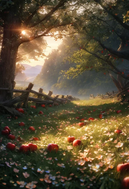 (best quality, 8k, high res, masterpiece:1.2), photorealistic, ultra-detailed, vibrant photography of a picturesque apple orchard at sunset. The trees are heavy with ripe, glistening apples in shades of red, green, and gold, their leaves a vibrant, healthy green. Sunlight filters through the branches, casting a warm, golden glow over the entire scene. Delicate apple blossoms still cling to some branches, adding a touch of soft pink and white to the landscape. The ground is covered with a lush carpet of grass and wildflowers, with fallen apples scattered about. A rustic wooden fence borders the orchard, and in the background, rolling hills and distant mountains are bathed in the warm, fading light of the setting sun. A gentle breeze rustles the leaves and carries the sweet scent of apples through the air. This idyllic scene captures the serene beauty and abundance of nature in exquisite detail. (dynamic angle, cinematic lighting, ethereal atmosphere:1.1), (extremely detailed:1.2), (vivid colors:1.3), (perfect composition:1.2), (sharp focus, stunning realism:1.2)