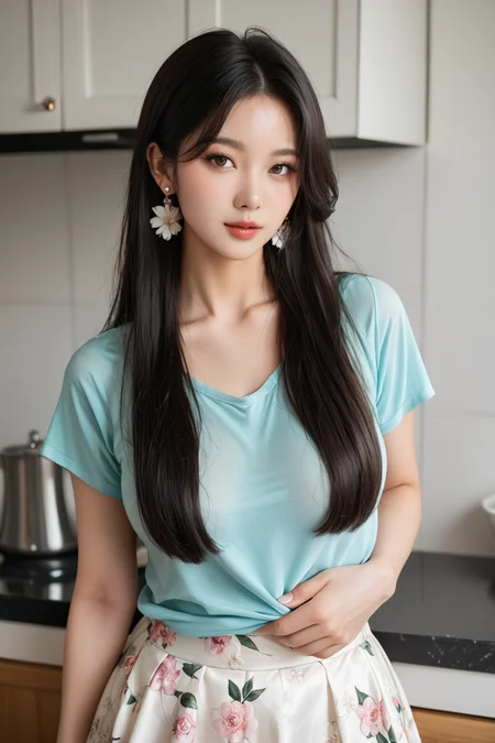 a stunning real medium breasts Korean woman with long, flowing dark hair, her piercing gaze directly addressing the viewer. score_9, score_8_up, score_7_up, 4k, high quality, (best quality:1.1), realistic, photorealistic, close-up, upper body, (ultra HD quality details), High Fashion,  [9]Realistic photograph, Against a soft, gradient cotton cyan background, a stunning 28 years old Japanese woman with long, flowing dark hair, her piercing gaze directly addressing the viewer. perfect round breasts, mole on breast, large areolas, inverted nipples, thick thighs, brown eyes, messy updo, flower shaped earrings, ((plain light cyan shirt)), ((White floral skirt, white short skirt)),kitchen,