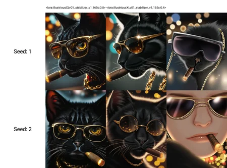 <lora:illustriousXLv01_stabilizer_v1.165c:0.8>a black cat,portrait,close-up,sunglasses,cigar in mouth,gold chain,jewelry,luxurious,light particles,bokeh,depth of field,reflection,