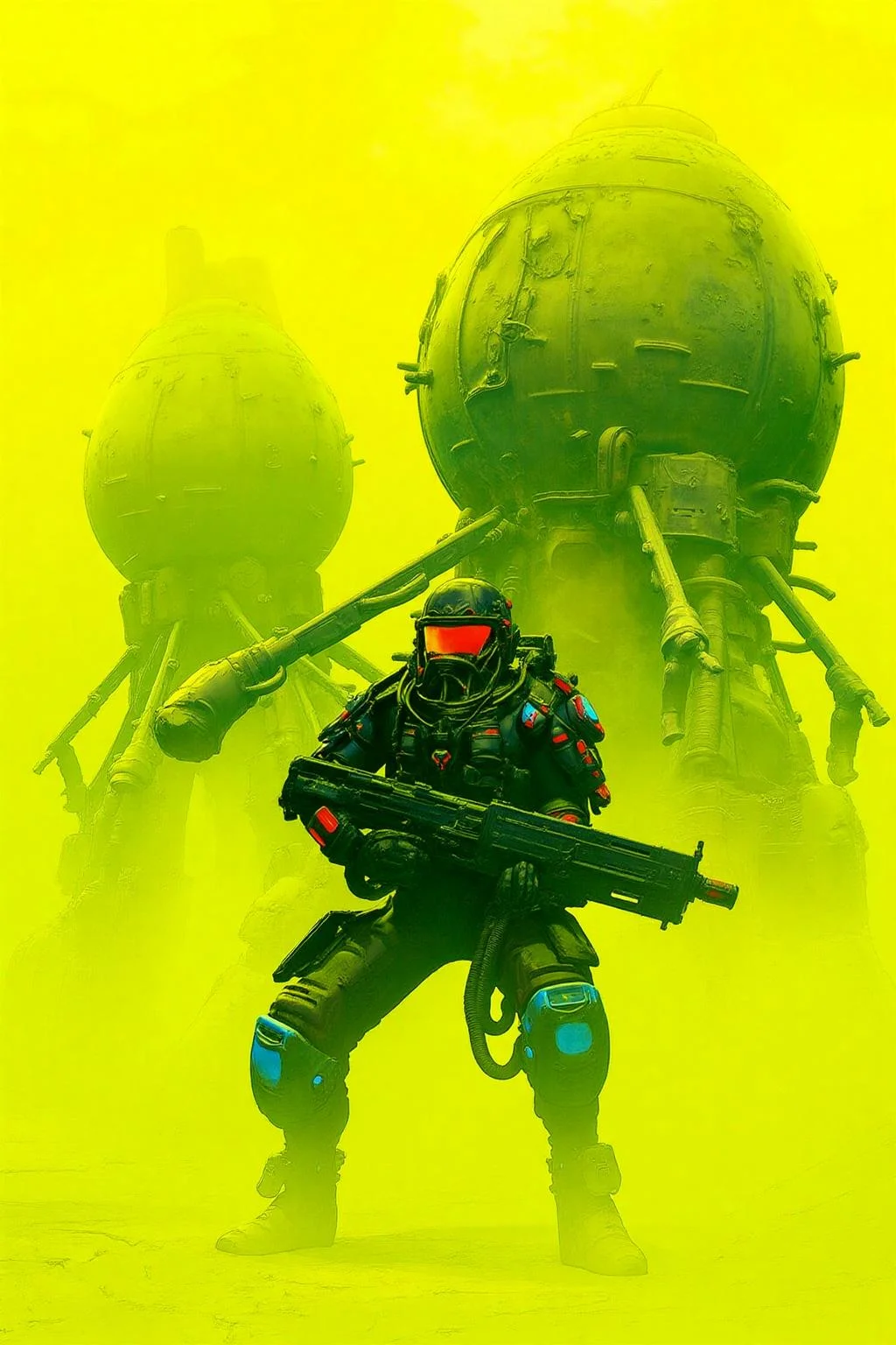 pascalblanche1 illustration. 
A soldier in a black armored suit with red and blue accents stands in front of a large mechanical structure. The helmet has a red visor. The background is a bright yellow-green. Behind the soldier is a massive, spherical structure with a dome top, and the ground is rocky or sandy. <lora:pascalblanche1_cap_d8a4:1.0><lora:860254269666785566:0>
