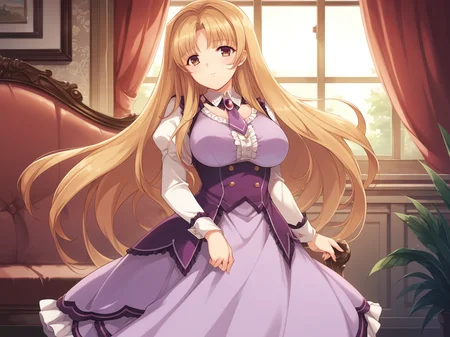 <lora:Alicesoft_-_Oyako_Rankan_-_Kotone_Ririko_Saya_Yukino:1>,alicesoft,kotone,1girl,solo,large breasts,long hair,dress,blonde hair,very long hair,long sleeves,frills,hazel eyes,brooch,purple dress,white sleeves,purple shirt,white cuffs,wrist cuffs,white collar,purple necktie,indoors,living room,couch,desk,window,curtains,standing,, score_9, score_8_up, score_7_up,source_anime,(masterpiece),(best quality),(ultra-detailed),(best illustration),(best shadow),(absurdres),(detailed background),(very aesthetic),source_anime