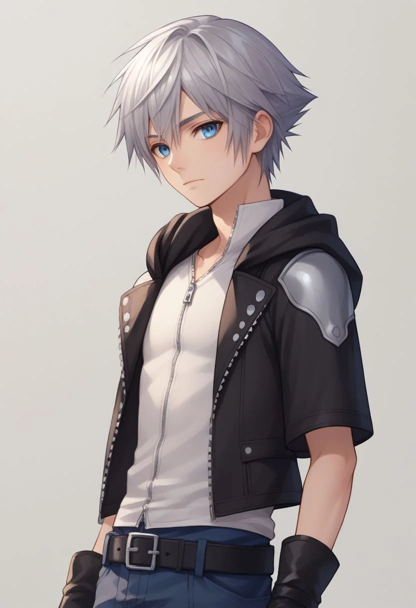 score_9, score_8_up, source_anime, highly detailed, 1boy, solo, male_focus slender, skinny, human child,
riku, 1boy, male focus, solo, gloves, fingerless gloves, boots, hood, jacket, black gloves, belt, zip, silver hair, blue eyes, upper body,
outdoor,