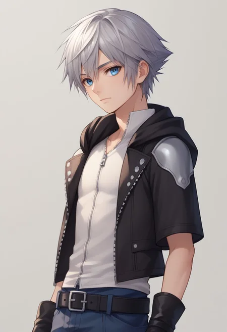 score_9, score_8_up, source_anime, highly detailed, 1boy, solo, male_focus slender, skinny, human child,
riku, 1boy, male focus, solo, gloves, fingerless gloves, boots, hood, jacket, black gloves, belt, zip, silver hair, blue eyes, upper body,
outdoor,