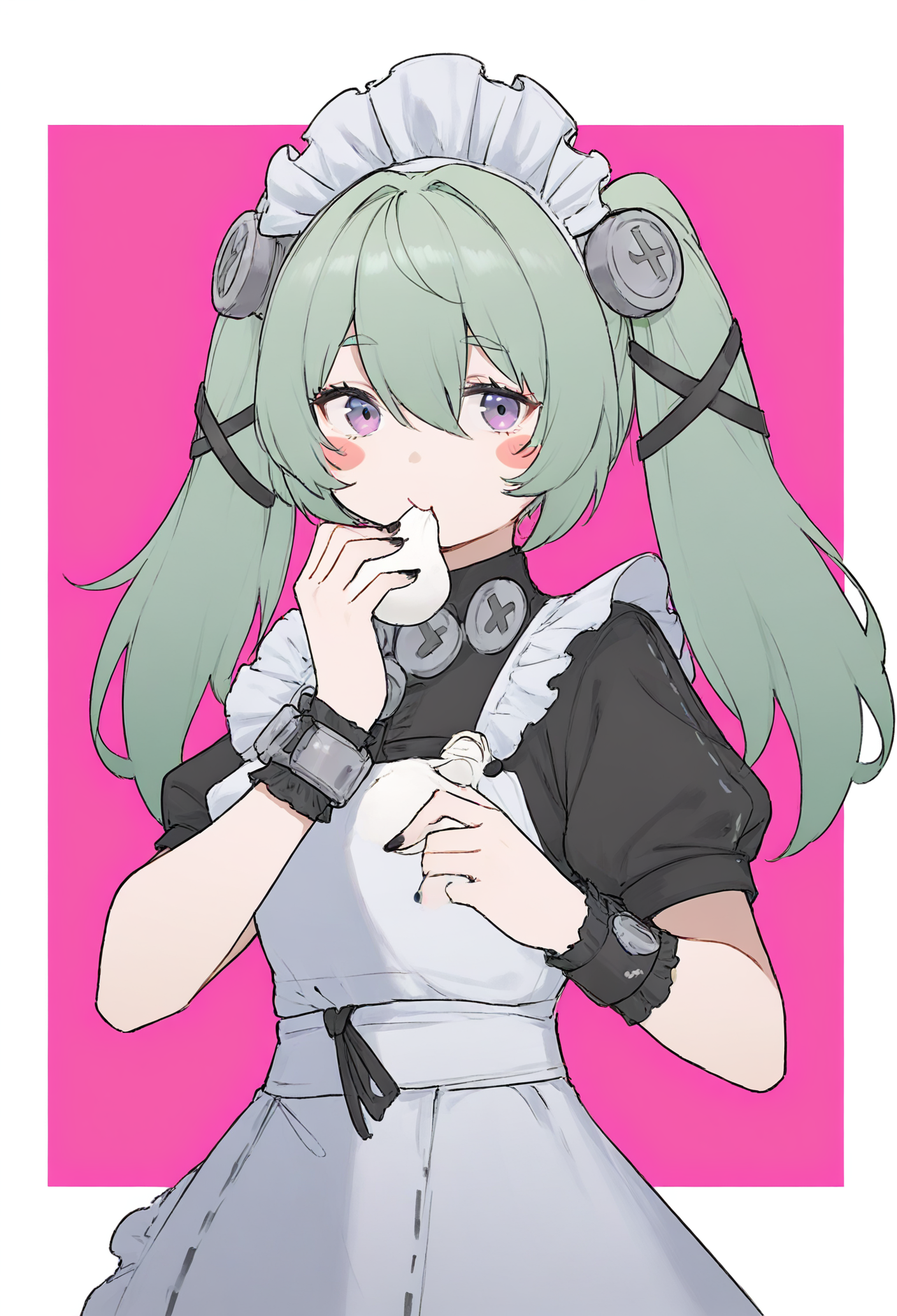 1girl, corin wickes, zenless zone zero, 
apron, black dress, black nails, blush stickers, border, dress, eating, food, green hair, hair between eyes, holding, holding food, long hair, looking at viewer, maid, maid headdress, mochi, nail polish, pink background, puffy short sleeves, puffy sleeves, purple eyes, screw hair ornament, short sleeves, solo, twintails, white apron, white border, meme, maid apron, wrist cuff, upper body, mochizukikei \(meme\), outside border, closed mouth,
.
masterpiece, best quality, very aesthetic, absurdres
 <lora:ã¢ã°ã¢fornoob:0.95>