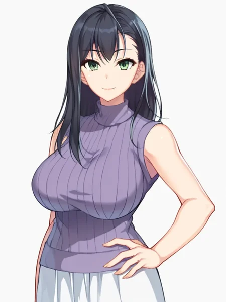 score_9, score_8_up, score_7_up,
1girl, nakaidou chihiro, long hair, black hair, green eyes, large breasts,
looking at viewer, smile, closed mouth, hand on hip,
white skirt, purple sweater, sleeveless,
standing, upper body,
white background, solo,