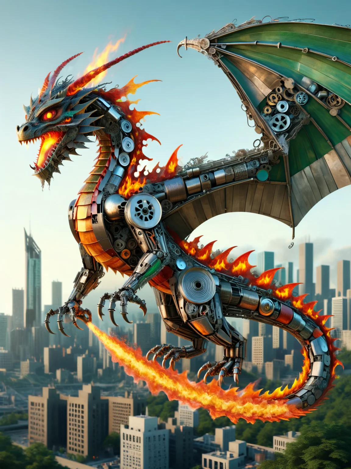 ais-scrapyrd dragon, breathing fire over a city <lora:Scrapyard_Style_SDXL:1>