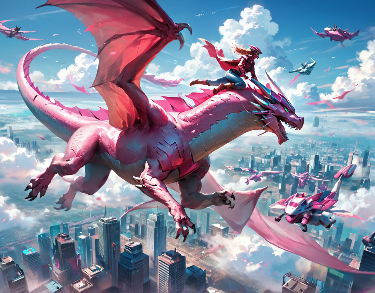 score_9, score_8_up, score_7_up, the pink power ranger riding a huge robotic pink dragon, sky, flying, <lora:dragonriderpxl:0.4>, dragonriderpxl, motion, action shot, best quality, masterpiece, above the clouds, above cyberpunk city, helmet, power rangers, robot dragon, Kimberly Hart