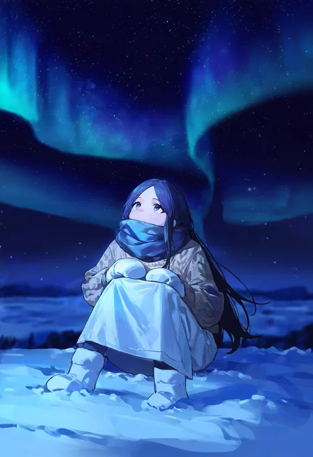 masterpiece, highres, absurdres, newest, very awa, aurora, blurry background, vanishing point, wide shot, 1girl, solo, parted bangs, long hair, aran sweater, scarf, long skirt, white skirt, white mittens, covered mouth, sitting, knees together feet apart, hand on own knee, knees to chest, looking up, night, snow, sky, star (sky), <lora:spo_sdxl_10ep_4k-data_lora_webui>, <lora:NOOB_EPSv1_1_detailer_by_vlnvk_v1_0:0.5>, <lora:illustrious_noobai_epsilon_pred_1_best_quality_v1:0.8>, <lora:walkingboring:0.8>