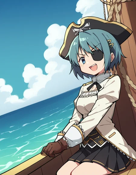score_9, score_8_up, score_7_up, source_anime, <lora:sayaka-miki-s1-ponyxl-lora-nochekaiser:1>, sayaka miki, short hair, blue eyes, hair ornament, blue hair, hairclip, medium breasts,, <lora:pirate-costume-ponyxl-lora-nochekaiser:1>, pirate costume, pirate hat, skirt, gloves, jacket, shirt, eyepatch,, blue sky, sea, ocean, pirate ship, treasure, gold, smug, open mouth, from below, sitting,, , dutch angle, cowboy shot