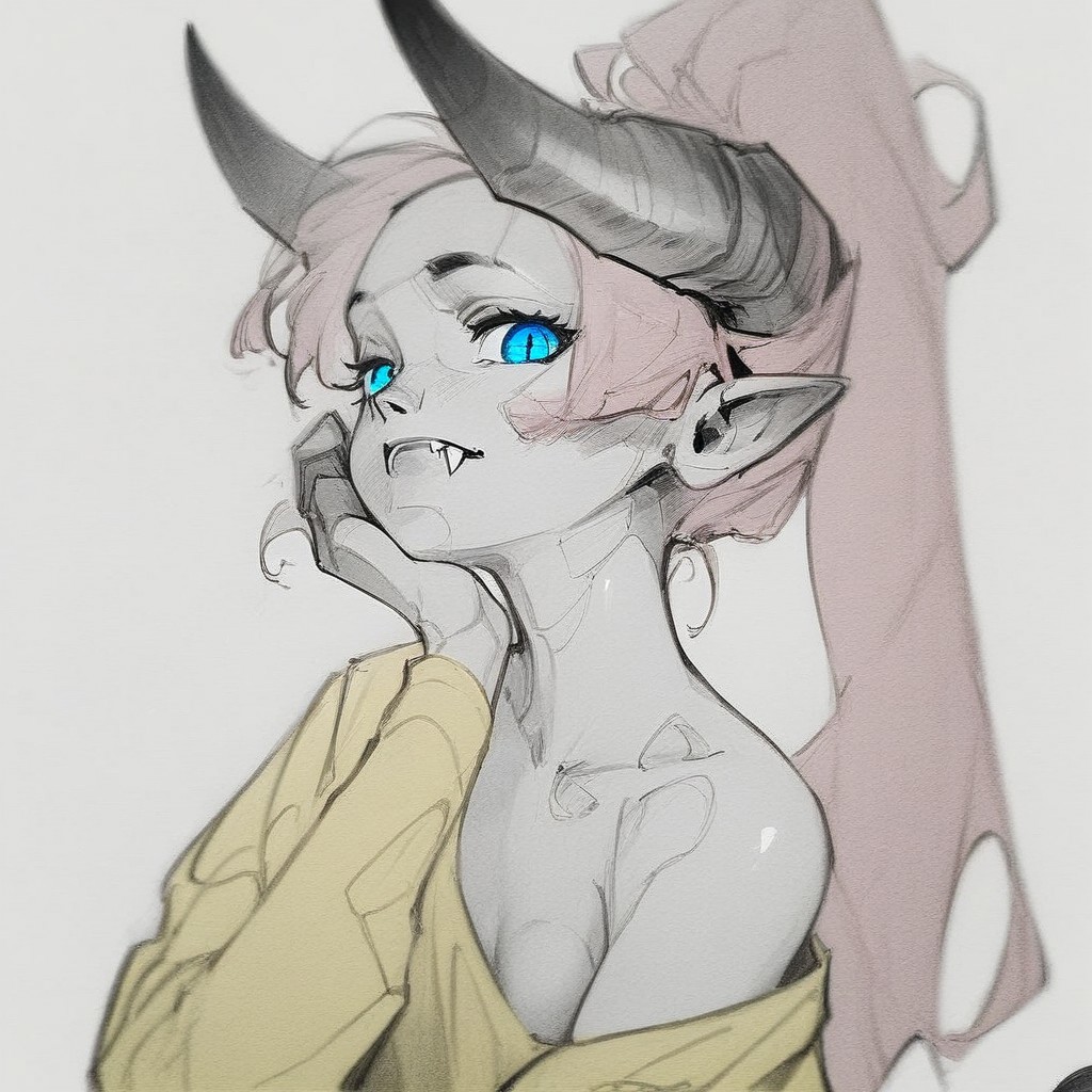 sketch, monochrome, greyscale, score_9, score_8_up, score_7_up, masterpiece, best quality, absurdres, vibrant, highly detailed, upper body, Lynn Pink, blue eyes, pink hair, ponytail, tail, horns, pointy ears, fangs, (((adult))), small breasts, simple yellow shirt, long sleeves, off shoulder, no bra, intense gaze, tilted head, looking at viewer, white background, simple background