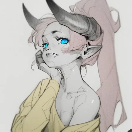 sketch, monochrome, greyscale, score_9, score_8_up, score_7_up, masterpiece, best quality, absurdres, vibrant, highly detailed, upper body, Lynn Pink, blue eyes, pink hair, ponytail, tail, horns, pointy ears, fangs, (((adult))), small breasts, simple yellow shirt, long sleeves, off shoulder, no bra, intense gaze, tilted head, looking at viewer, white background, simple background