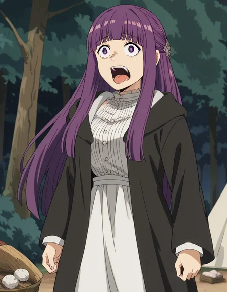 score_9, score_8_up, score_7_up, source_anime, <lora:fern-s1-v2-ponyxl-lora-nochekaiser:1>, fern, long hair, bangs, purple eyes, purple hair, sidelocks, blunt bangs, bright pupils, half updo, large breasts, anime screencap, long sleeves, dress, white dress, long dress, robe, black robe,, camping, bonfire, tent, stargazing, marshmallows, forest clearing, night, , <lora:enel-face-ponyxl-lora-nochekaiser:1> enel face, open mouth, wide-eyed, teeth, tongue,, looking at viewer, solo,, dutch angle, cowboy shot