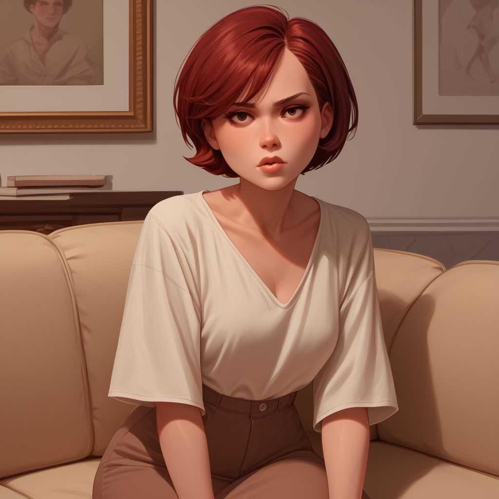 score_9, score_8_up, score_7_up, score_6_up, score_5_up, score_4_up, rating_questionable, 1girl, Hel_en, on a couch, pursed lips, short hair, dark red hair, big hips, 1970 aesthetic, blouse