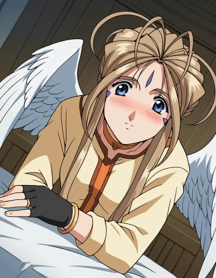score_9, score_8_up, score_7_up, source_anime,
belldandy, <lora:belldandy-s2-ponyxl-lora-nochekaiser:1>,
belldandy, long hair, blue eyes, brown hair, facial mark, forehead mark,
gloves, wings, choker, fingerless gloves, bracelet, ring, feathers, angel wings,
indoors, bed, bed room, on side, blush, drunk,
cowboy shot, solo, dutch angle, looking at viewer,