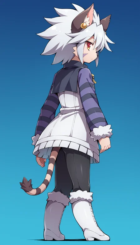 score_7_up, score_6_up, source_anime
BREAK
<lora:ElhPDXL:1> elh, 1girl, solo, furry female, cat girl, full body, (from behind:1.2), from below, looking back, walking, :<, expressionless, cute, red eyes, orange eyes, body fur, elhattire, fur-trimmed sleeves, fur trim, black pants, white boots, cat ears, white hair, short hair, shiny hair, earrings, facial mark, animal nose, striped tail, striped sleeves, purple sleeves, blue background, gradient background
