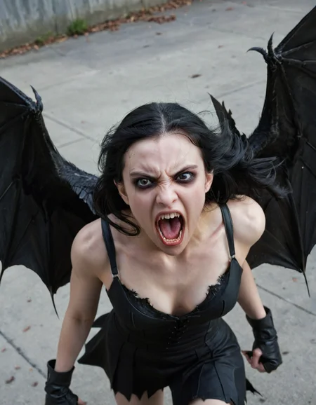 score_9, score_8_up, score_7_up, score_6_up, 1girl, black hair, black eyes, vampire, black wings, dynamic combat pose, fierce look, open mouth, fangs, detailed raw photo, realistic, photorealistic <lora:epiCRealismXL-KiSSEnhancer_Lora:1>